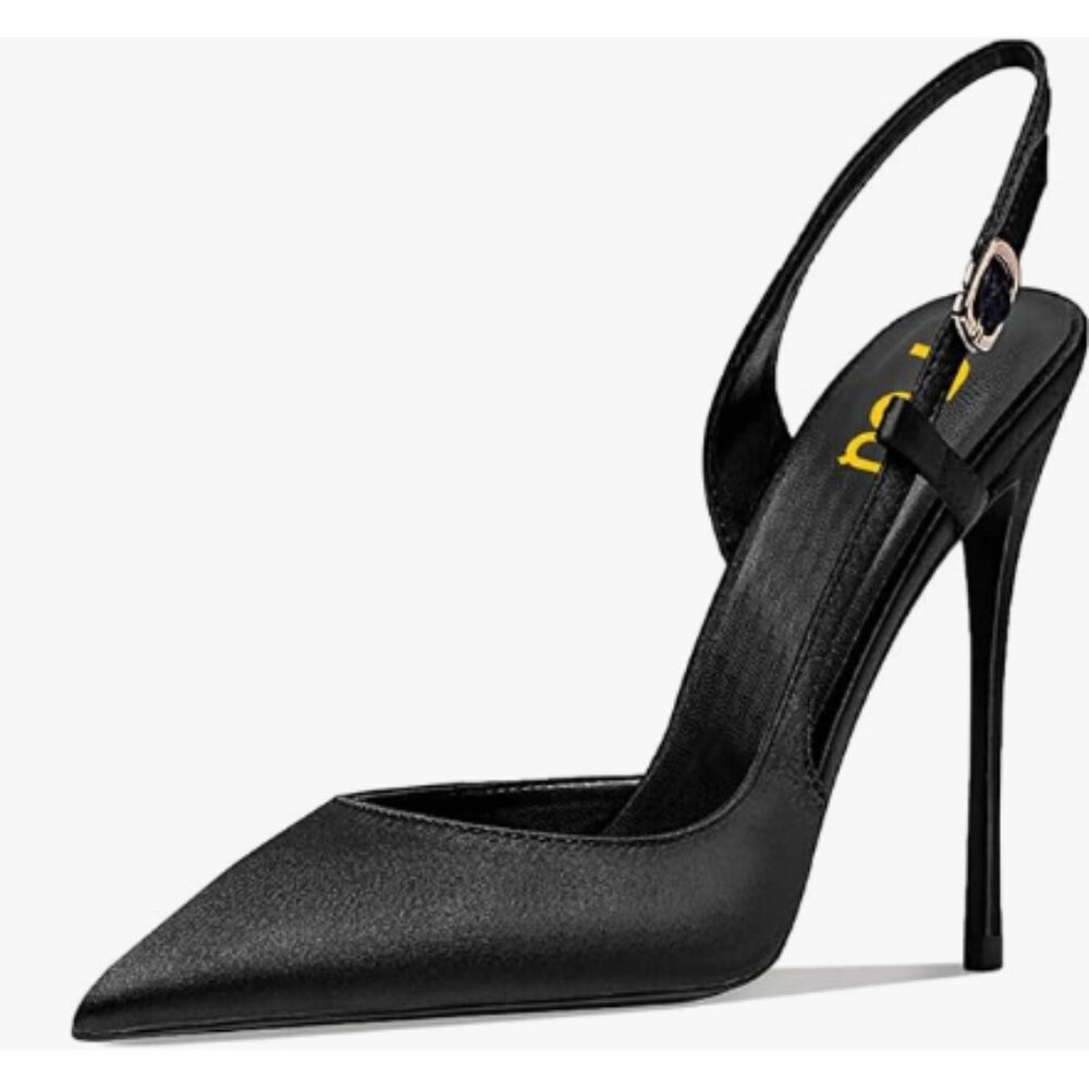 FSJ Black Satin Pointed Toe D'Orsay High Heel Slingback Pump Sandals Cutout Shoe